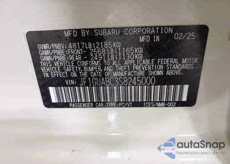 2025 Subaru Impreza Base 5-Door z USA, uszkodzony, nr VIN JF1GUABC3S8245000